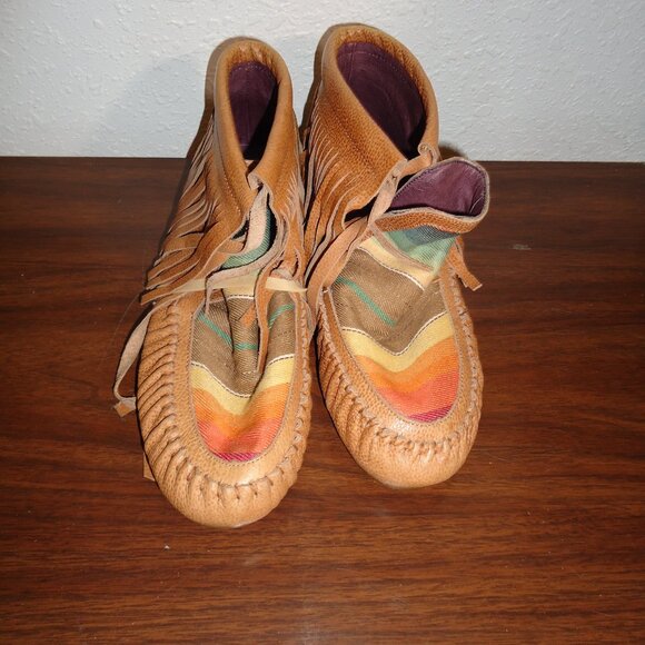 Gorgeous Sz 6 L & B Fringed Moccasins Slip On leather Aztec Boots Shoes - Picture 12 of 13
